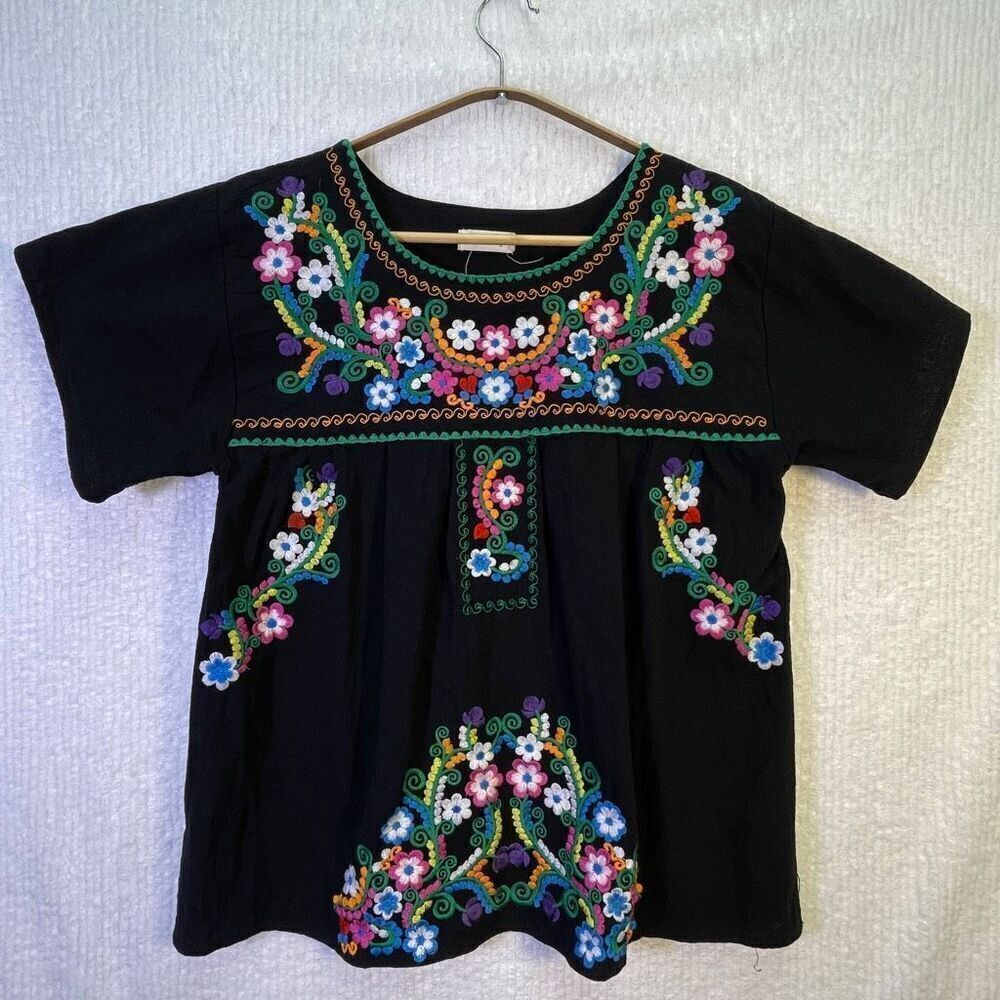 YZXDORWJ Black Embroidered Floral Boho Peasant Blouse Large